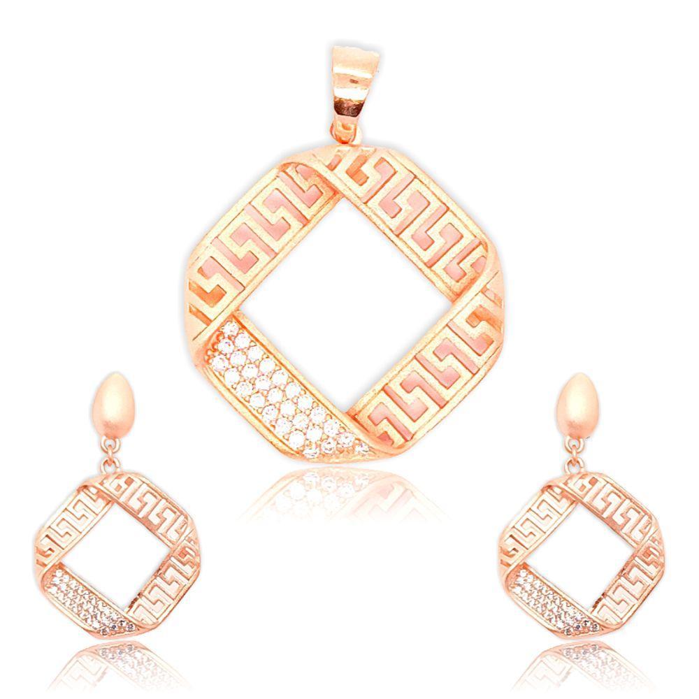 Sikkawala 925 Sterling Silver Rose Gold Plated Silver Square Design Pendant Set For Women 3000155-1