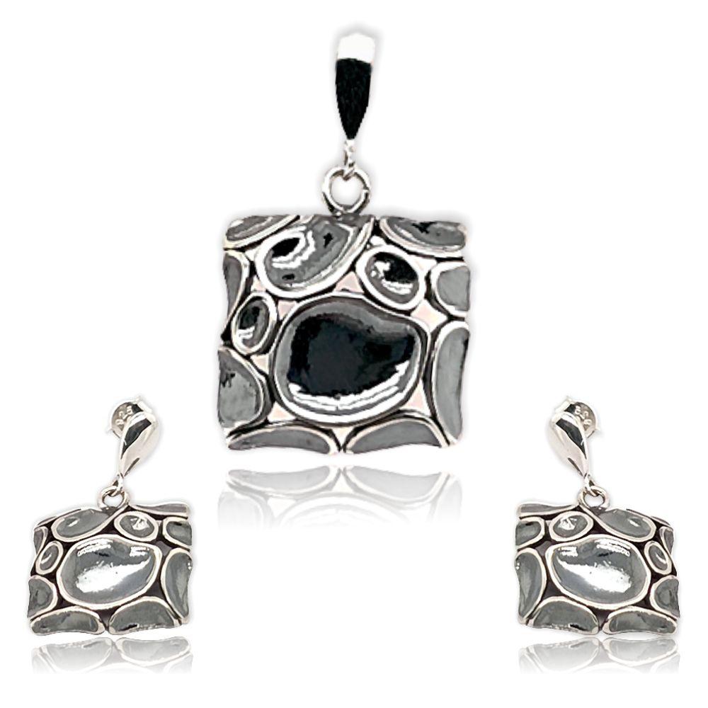 Sikkawala 925 Sterling Silver Oxidised Silver Square Design Pendant Set For Women 3000278-1