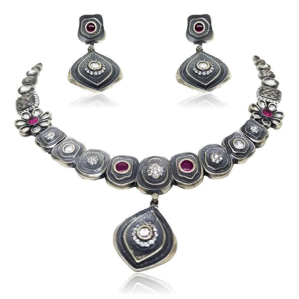 Sikkawala 925 Sterling Silver Rose Gold Plated Silver Antique Picks Necklace Set For Women 3000070-1