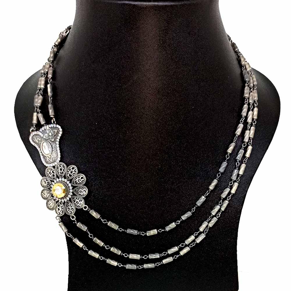 Sikkawala 925 Sterling Silver Rose Gold Plated Silver Studded Necklace Set For Women 3000071-1