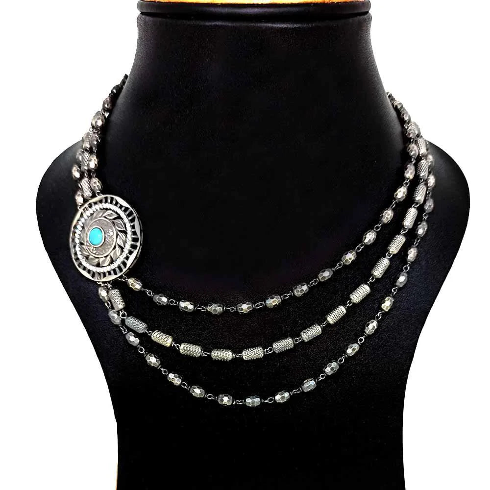 Sikkawala 925 Sterling Silver Rose Gold Plated Silver Studded Necklace Set For Women 3000072-1