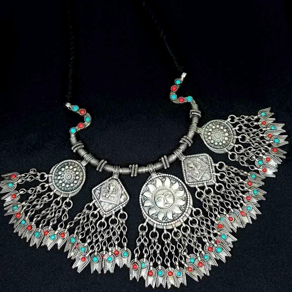 Sikkawala 925 Sterling Silver Oxidised Black Silver Tribal Inspired Necklace Set For Women 3000737-1