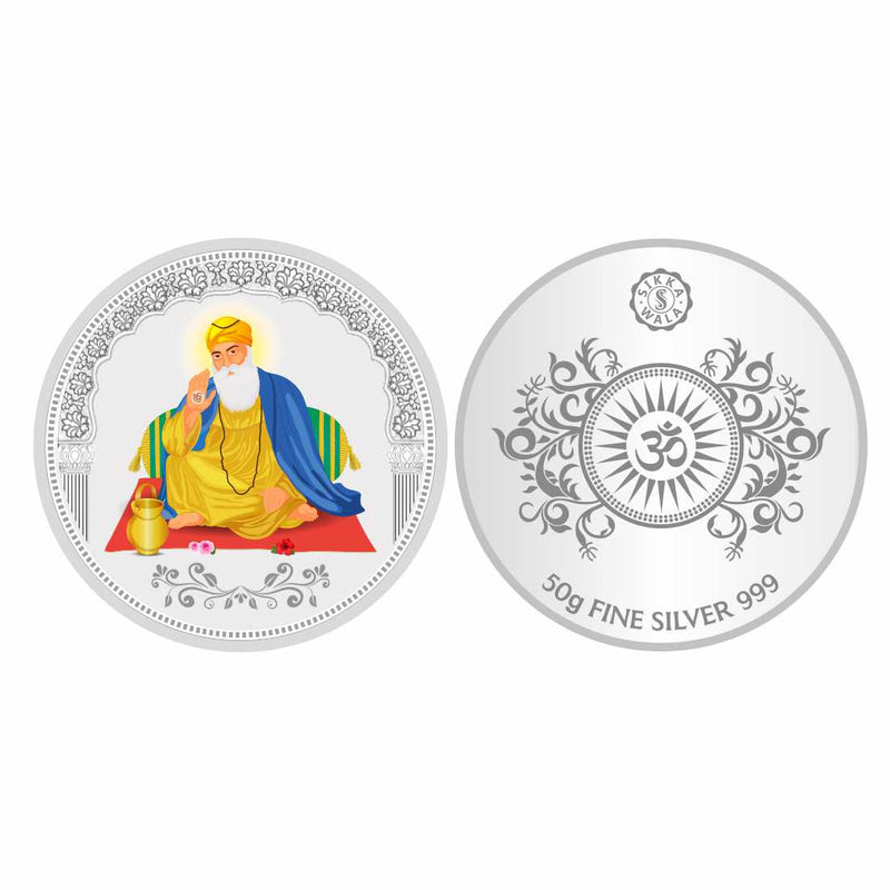 Sikkawala BIS Hallmarked Guru Nanak Ji Color 999 Silver Coin 50 gm - SKRCGNCP-50
