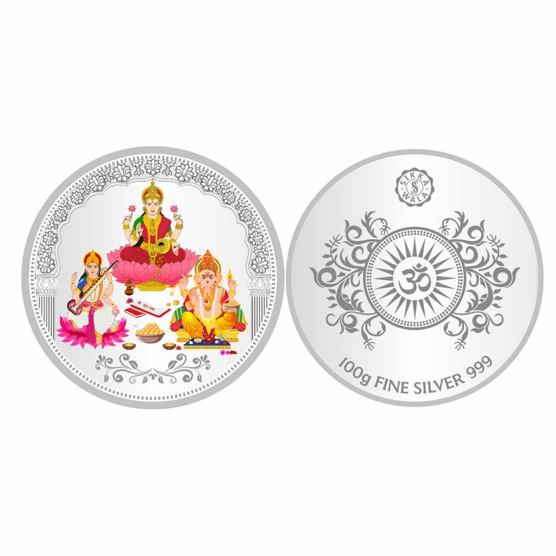 Sikkawala BIS Hallmarked Laxmi Ganesh & Saraswati Color 999 Silver Coin 100 gm - SKRCLGSCP-100