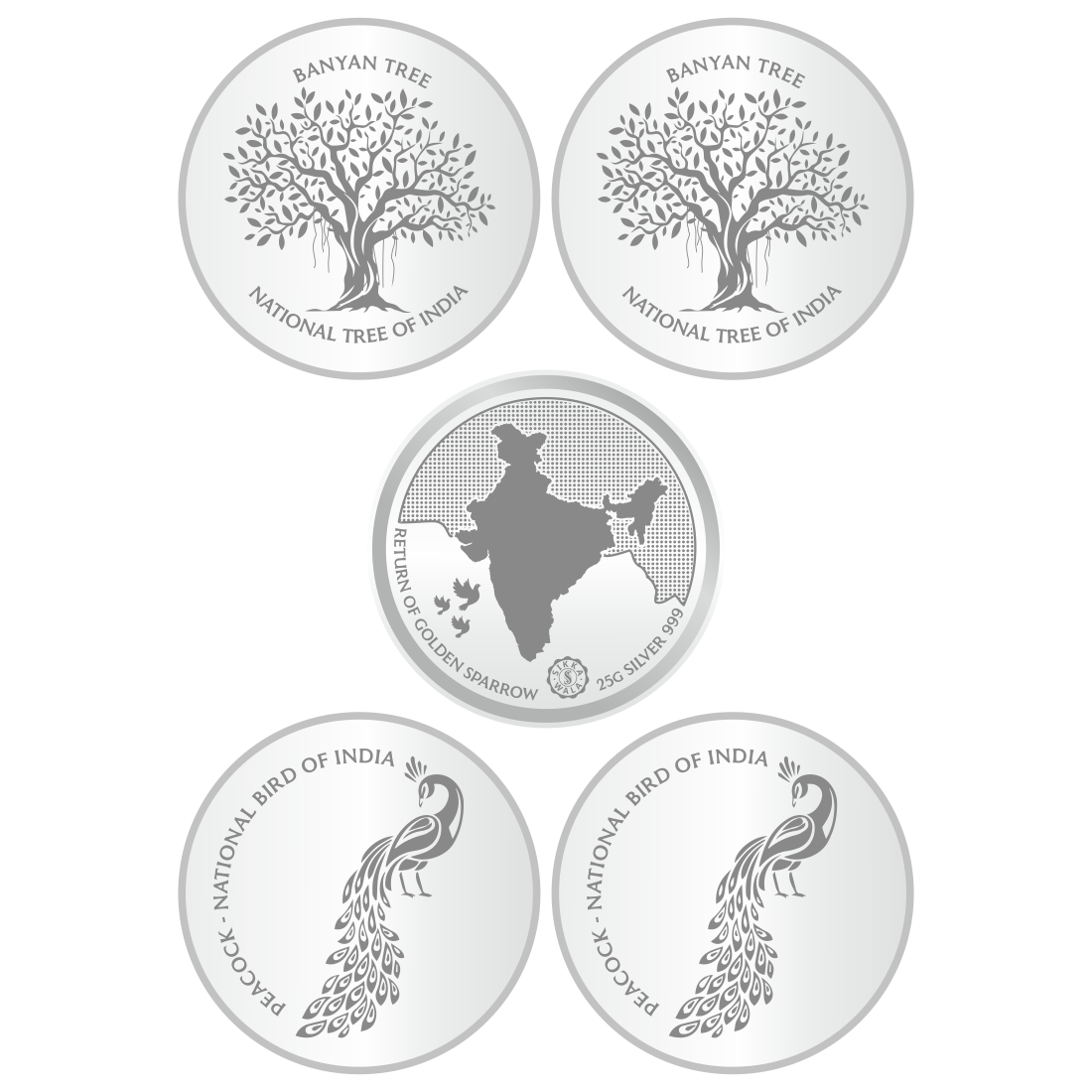 Sikkawala BIS Hallmarked 999 Silver National Symbol Set Of  5 In 125 Gm  Coin-Sk5Scf25