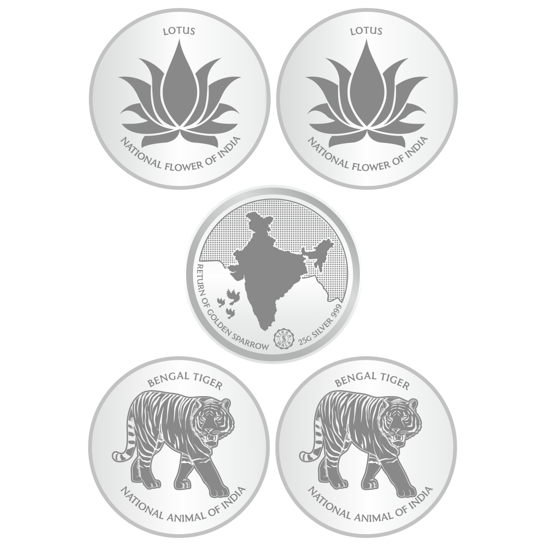 Sikkawala BIS Hallmarked 999 Silver National Symbol Set Of  5 In 125 Gm  Coin-Sk5Scf25