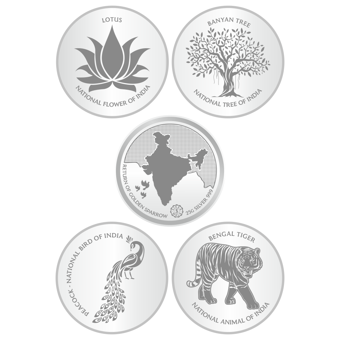 Sikkawala BIS Hallmarked 999 Silver National Symbol Set Of  5 In 125 Gm  Coin-Sk5Scf25