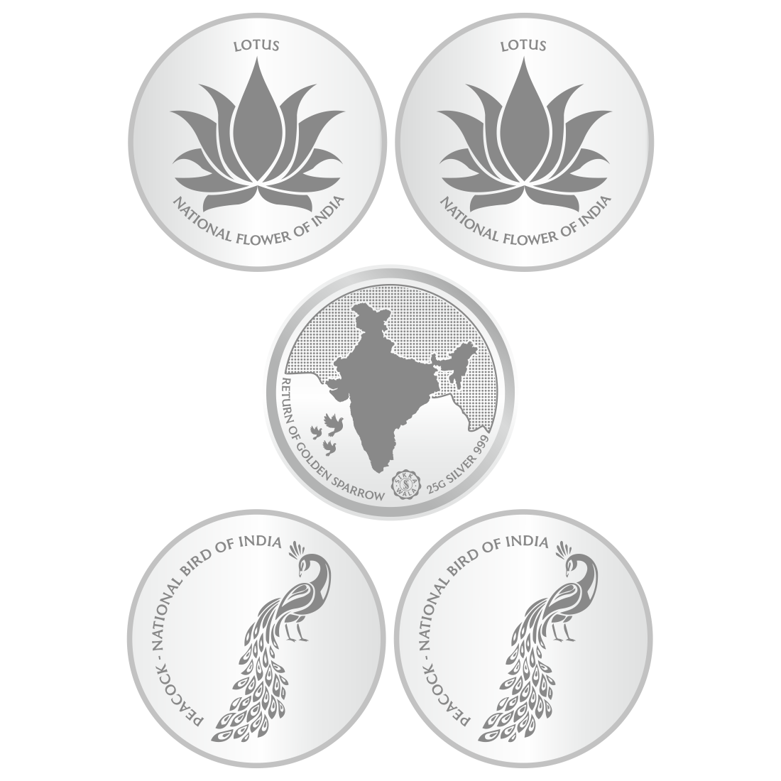 Sikkawala BIS Hallmarked 999 Silver National Symbol Set Of  5 In 125 Gm  Coin-Sk5Scf25