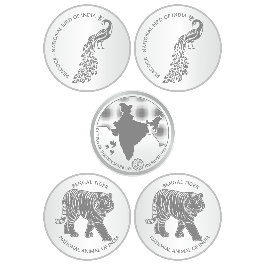 Sikkawala BIS Hallmarked 999 Silver National Symbol Set Of  5 In 50 Gm Coin-Sk5Scf10