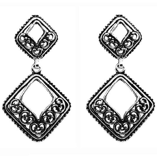 Sikkawala 925 Sterling Silver Oxidised Silver Square Drop Earring For Women 3000274-1