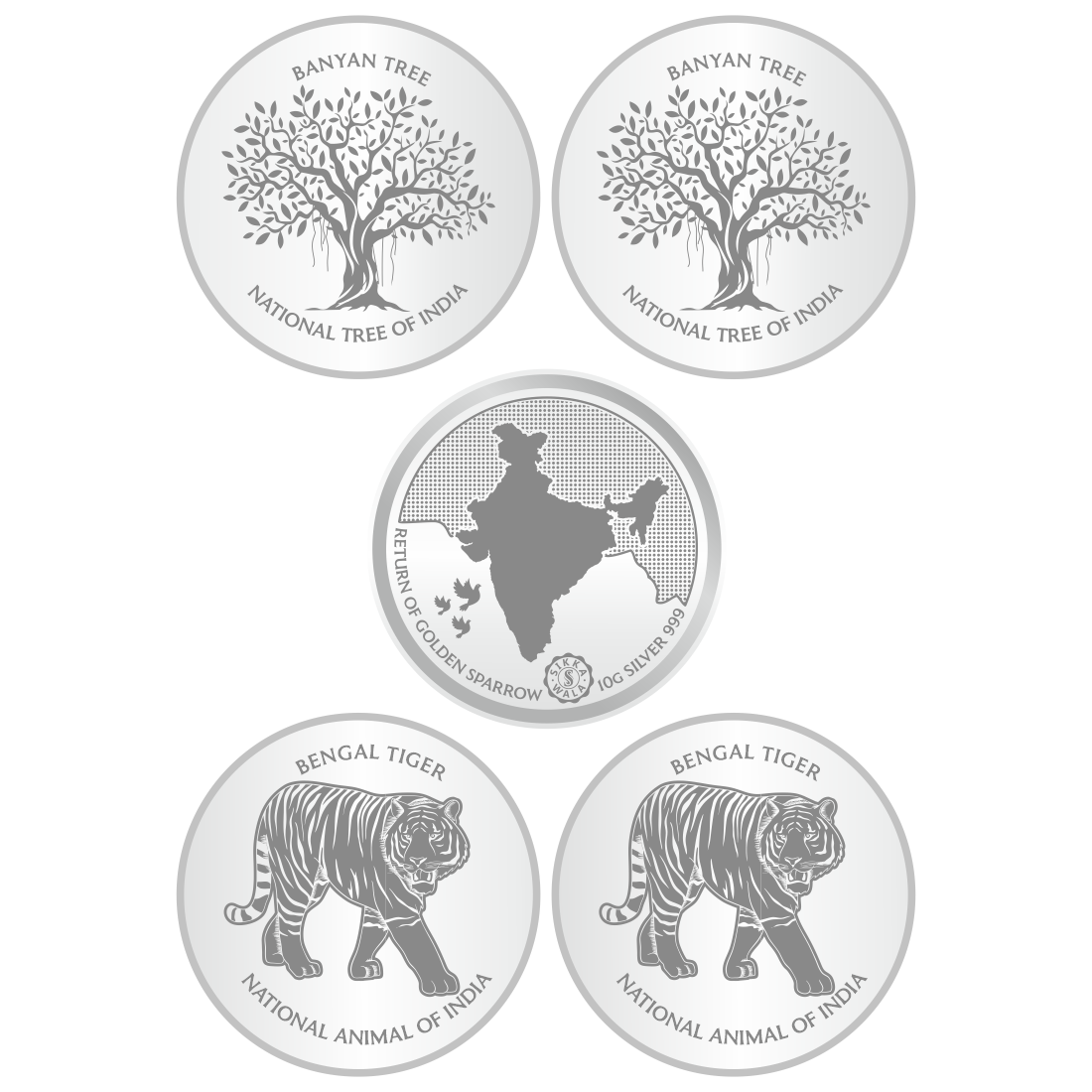 Sikkawala BIS Hallmarked 999 Silver National Symbol Set Of  5 In 50 Gm Coin-Sk5Scf10