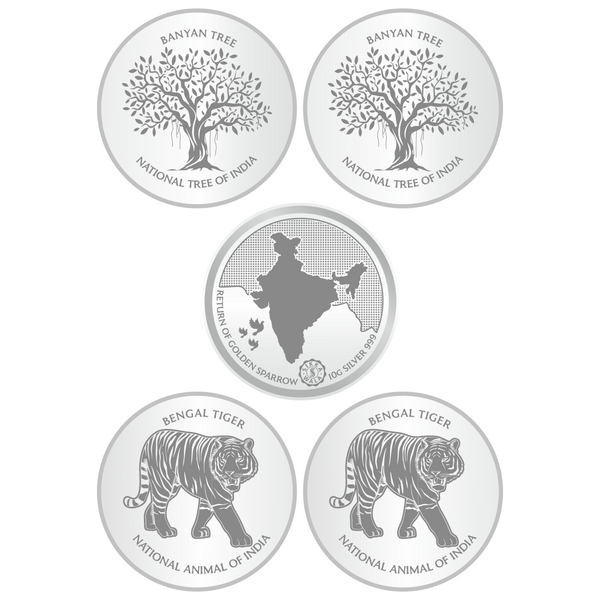 Sikkawala BIS Hallmarked 999 Silver National Symbol Set Of  5 In 50 Gm Coin-Sk5Scf10