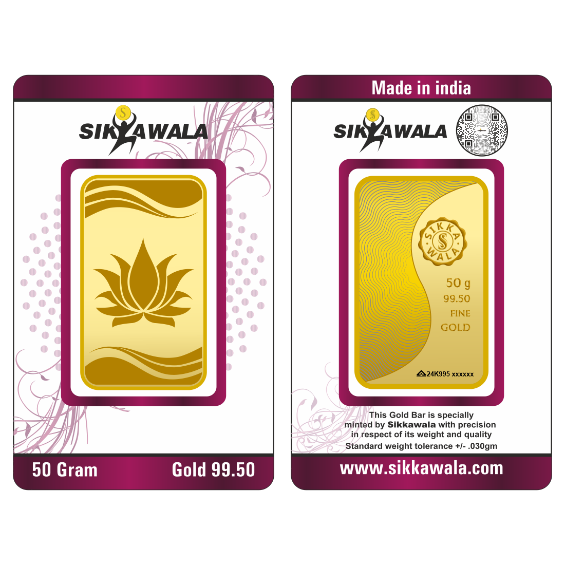 Sikkawala Lotus  24 kt 99.5 Gold Coin 50 gm-SK50GB