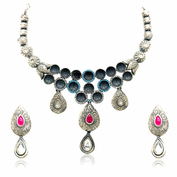 Oxidised Black Silver Antique Picks Necklace Set For Women 3000049