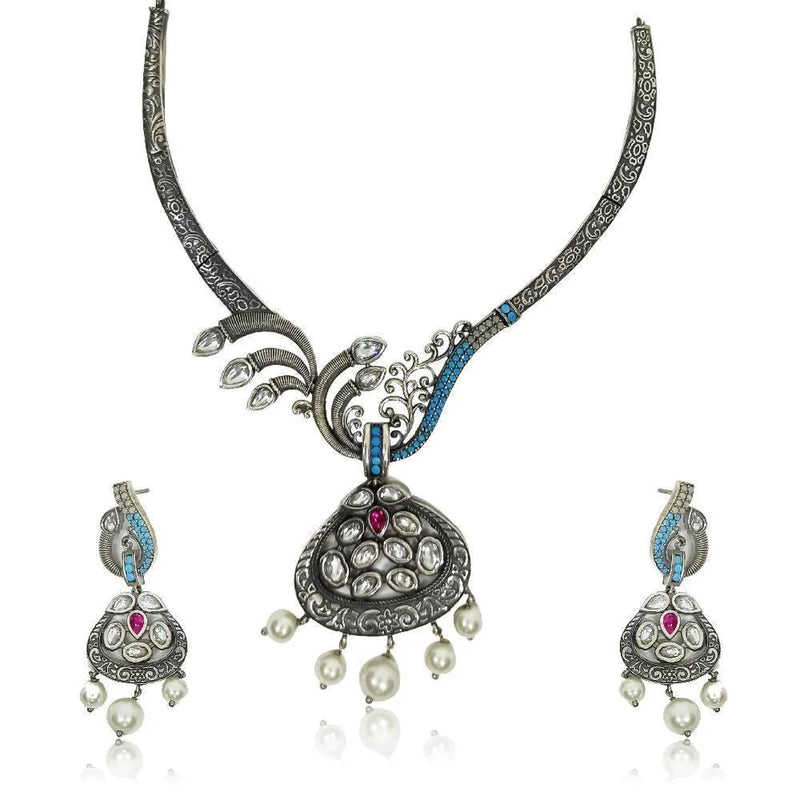 Sikkawala 925 Sterling Silver Oxidised Black Silver Tribal Trims Necklace Set For Women 3000068-1