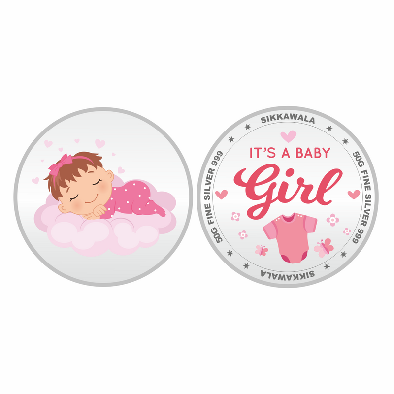 Sikkawala BIS Hallmarked Personalised Baby Girl 999 Silver Coin 50 gm - SKNBGCPCUS-50