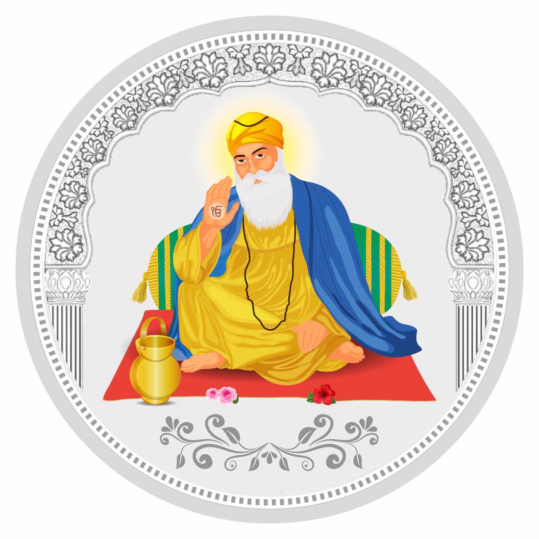 Sikkawala BIS Hallmarked Guru Nanak Ji Color 999 Silver Coin 100 gm - SKRCGNCP-100