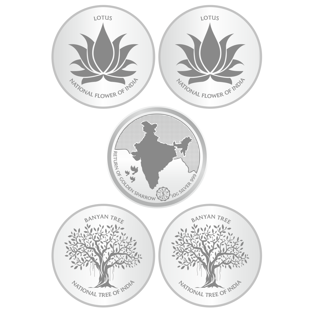 Sikkawala BIS Hallmarked 999 Silver National Symbol Set Of  5 In 50 Gm Coin-Sk5Scf10