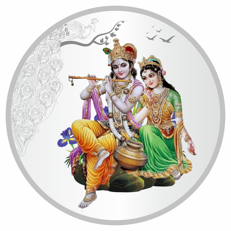 Sikkawala BIS Hallmarked Radha Krishna Peacock Color 999 Silver Coin 50 gm - SKRCRKPCP-50