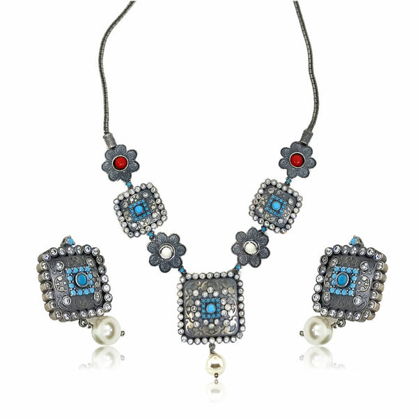 oxidised Black Silver Antique Picks Necklace Set for Women 3000069