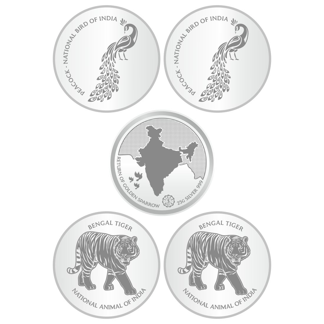 Sikkawala BIS Hallmarked 999 Silver National Symbol Set Of  5 In 125 Gm  Coin-Sk5Scf25