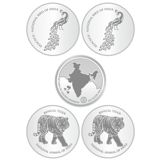 Sikkawala BIS Hallmarked 999 Silver National Symbol Set Of  5 In 125 Gm  Coin-Sk5Scf25