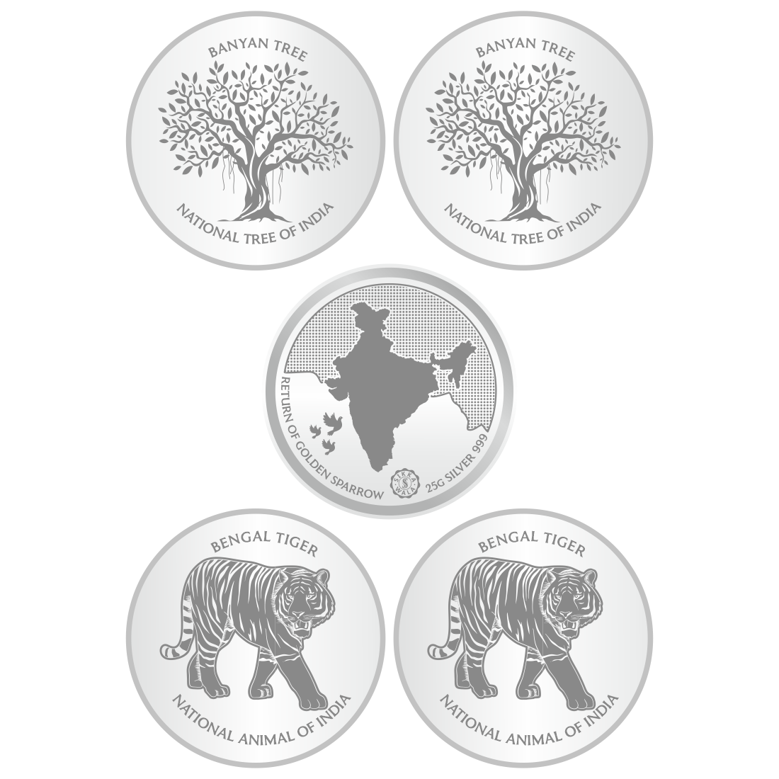 Sikkawala BIS Hallmarked 999 Silver National Symbol Set Of  5 In 125 Gm  Coin-Sk5Scf25