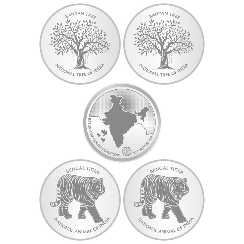 Sikkawala BIS Hallmarked 999 Silver National Symbol Set Of  5 In 125 Gm  Coin-Sk5Scf25